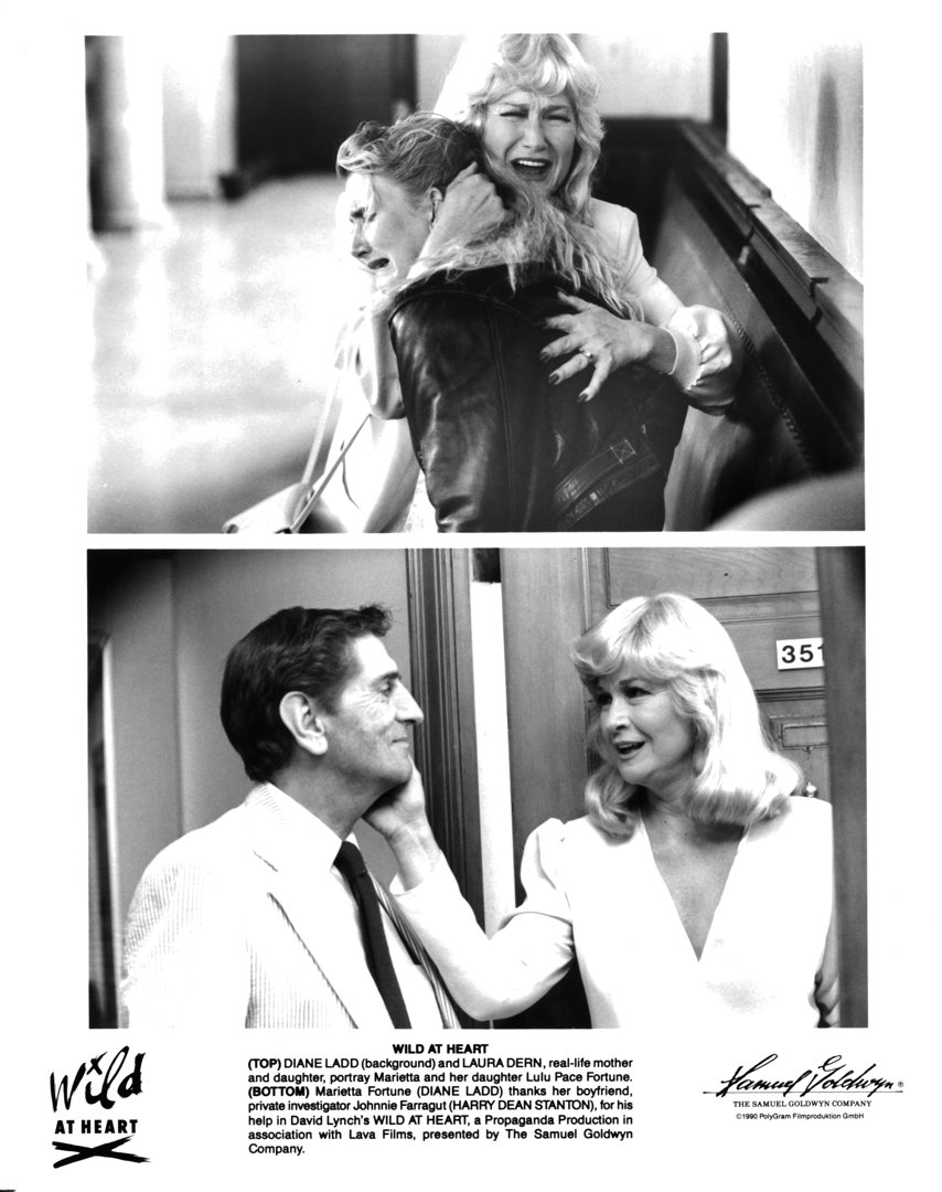 Diane Ladd and Laura Dern on set (Top frame). Harry Dean Stanton and Ladd (Bottom frame) on set of the Samuel Goldwyn Company movie
