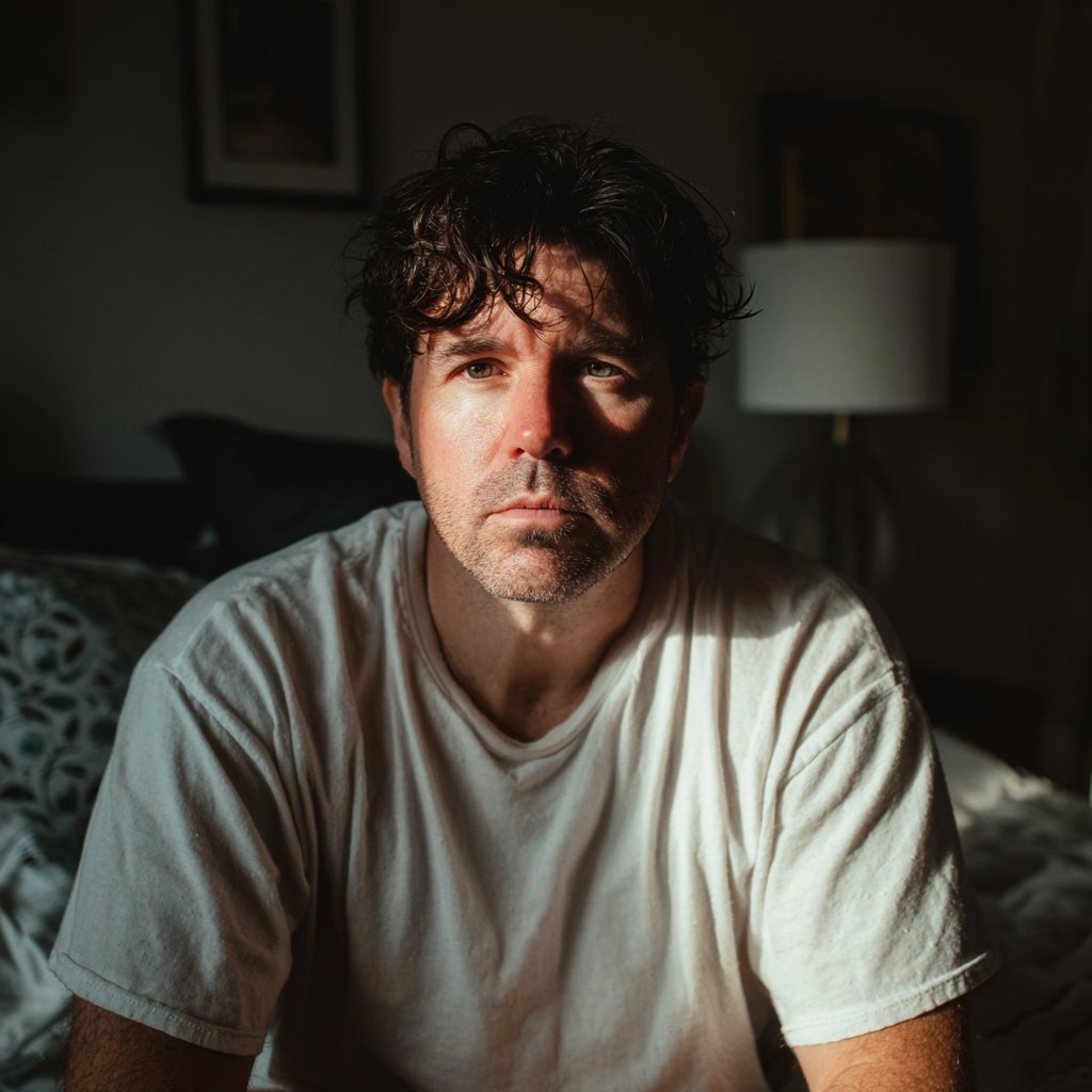 A concerned man sitting on a bed | Source: Midjourney