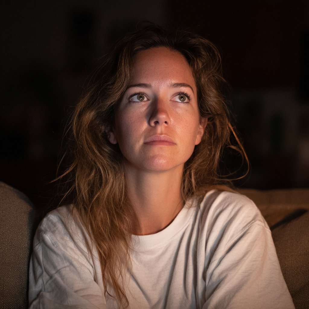 A pensive woman sitting on a couch | Source: Midjourney