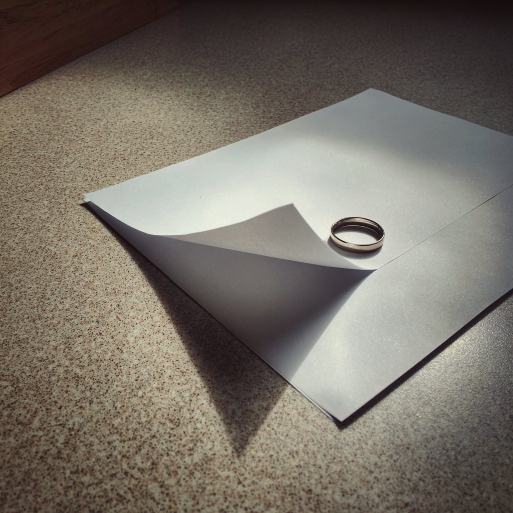A folded piece of paper and a wedding band on a counter | Source: Midjourney