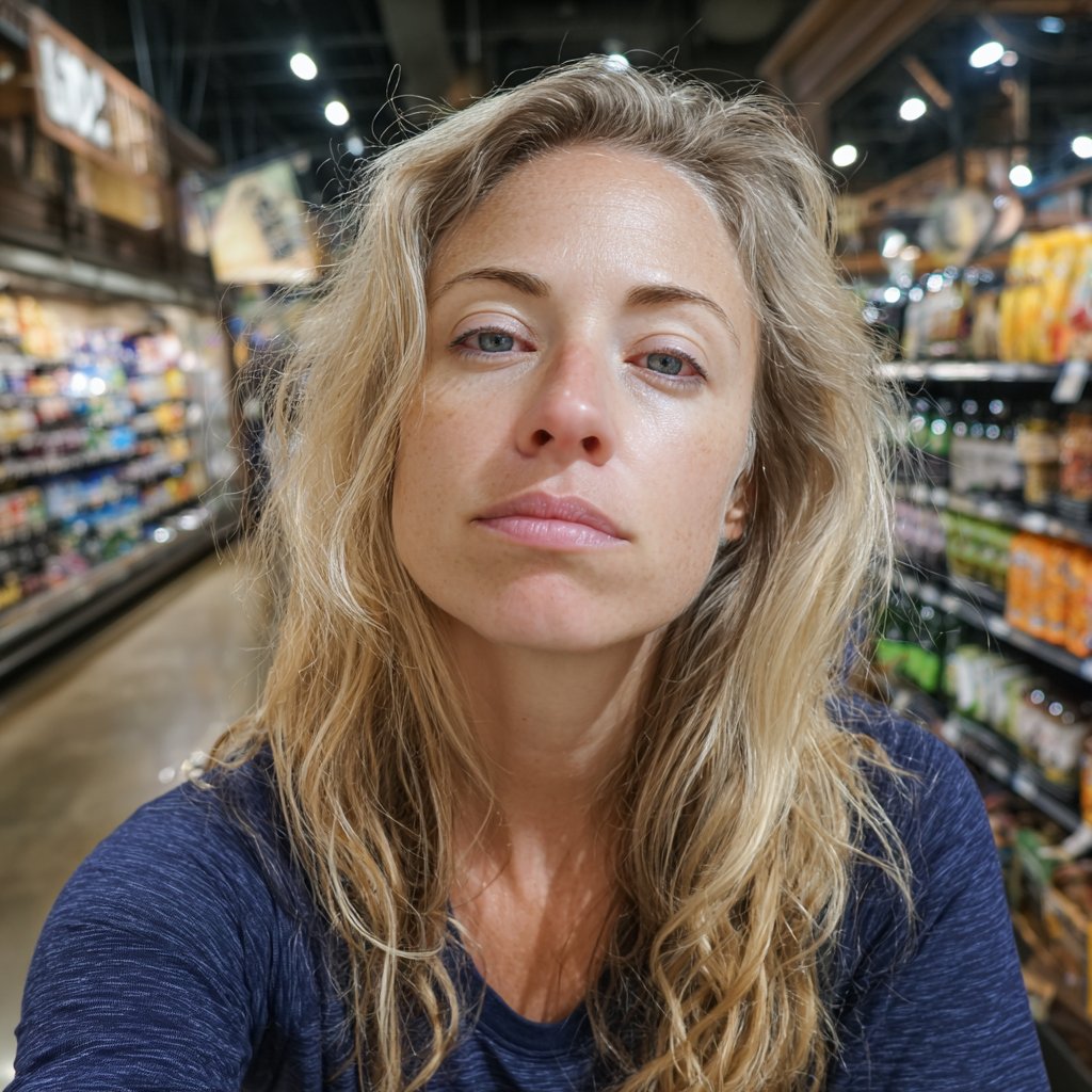 A close-up of a tired woman in a store | Source: Midjourney