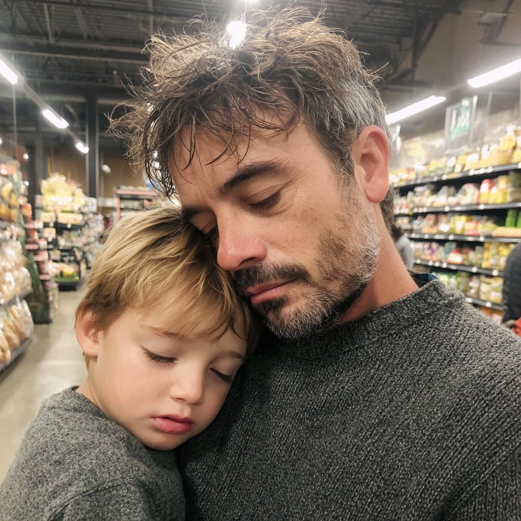 A man holding his son in a grocery store | Source: Midjourney