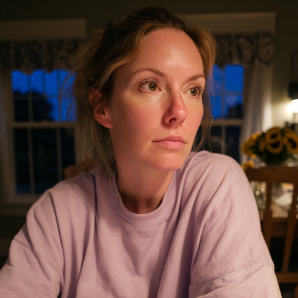 A concerned woman sitting at a table | Source: Midjourney