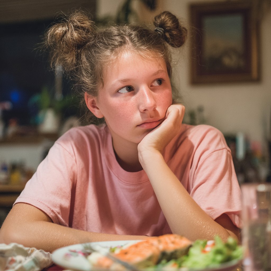 A girl sitting at a dinner table | Source: Midjourney