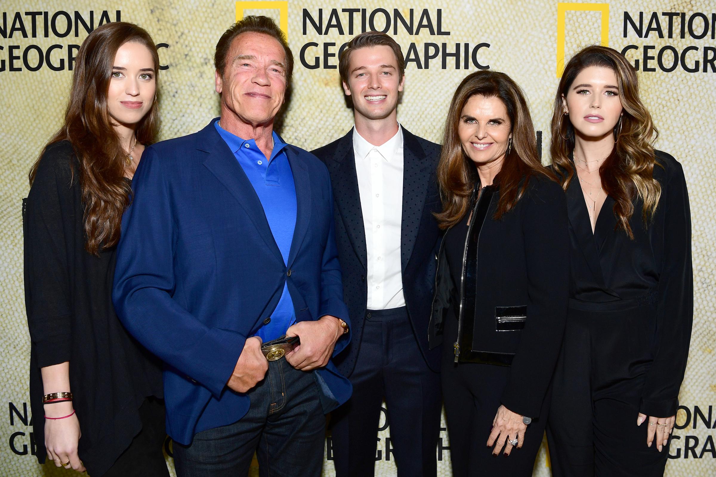 Christina, Arnold, Patrick, and Katherine Schwarzenegger and Maria Shriver attend the premiere of National Geographic's