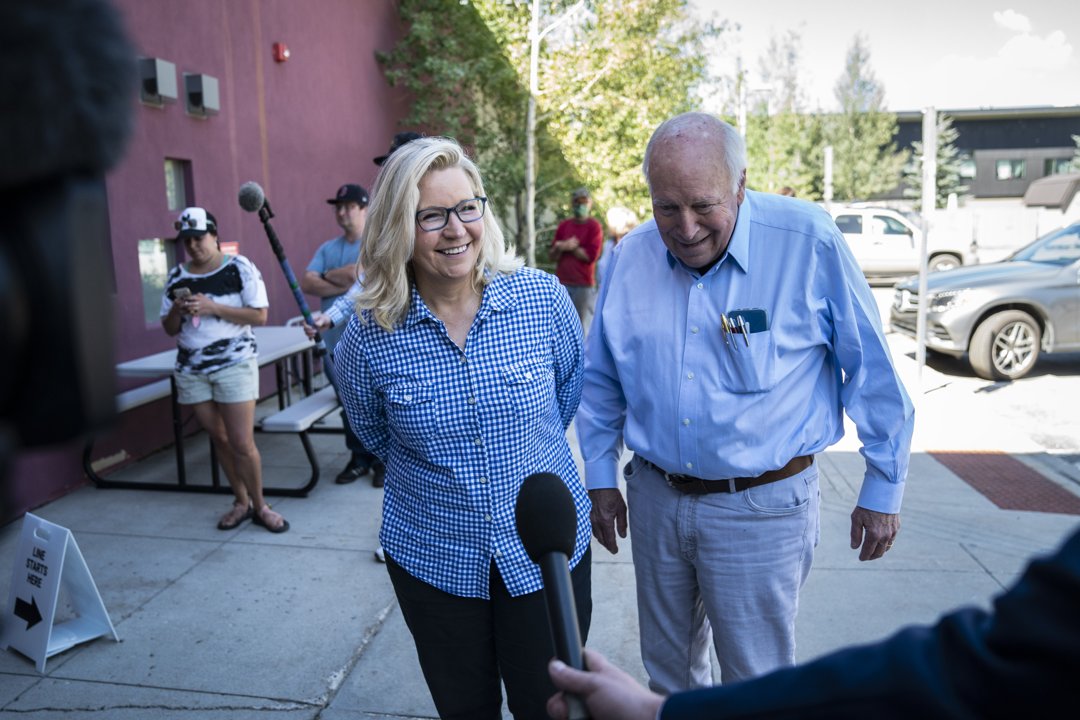 Rep. Liz Cheney with her father, former Vice President Dick Cheney, to vote at the Teton County Library on August 16, 2022, in Jackson Hole, Wyoming | Source: Getty Images