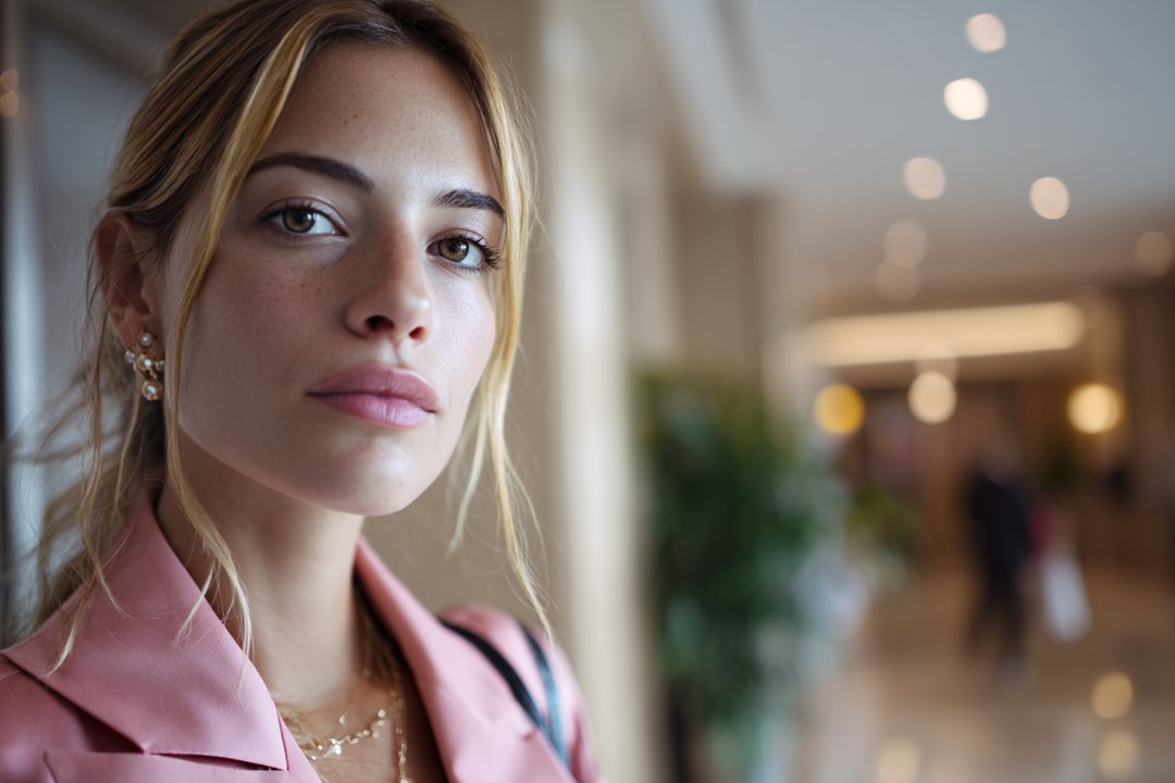 A woman standing in a hotel lobby | Source: Midjourney