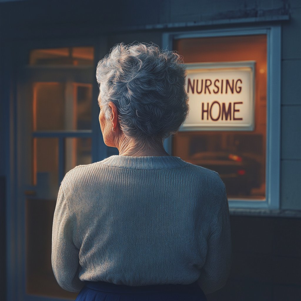 An elderly woman standing outside a nursing home | Source: Midjourney