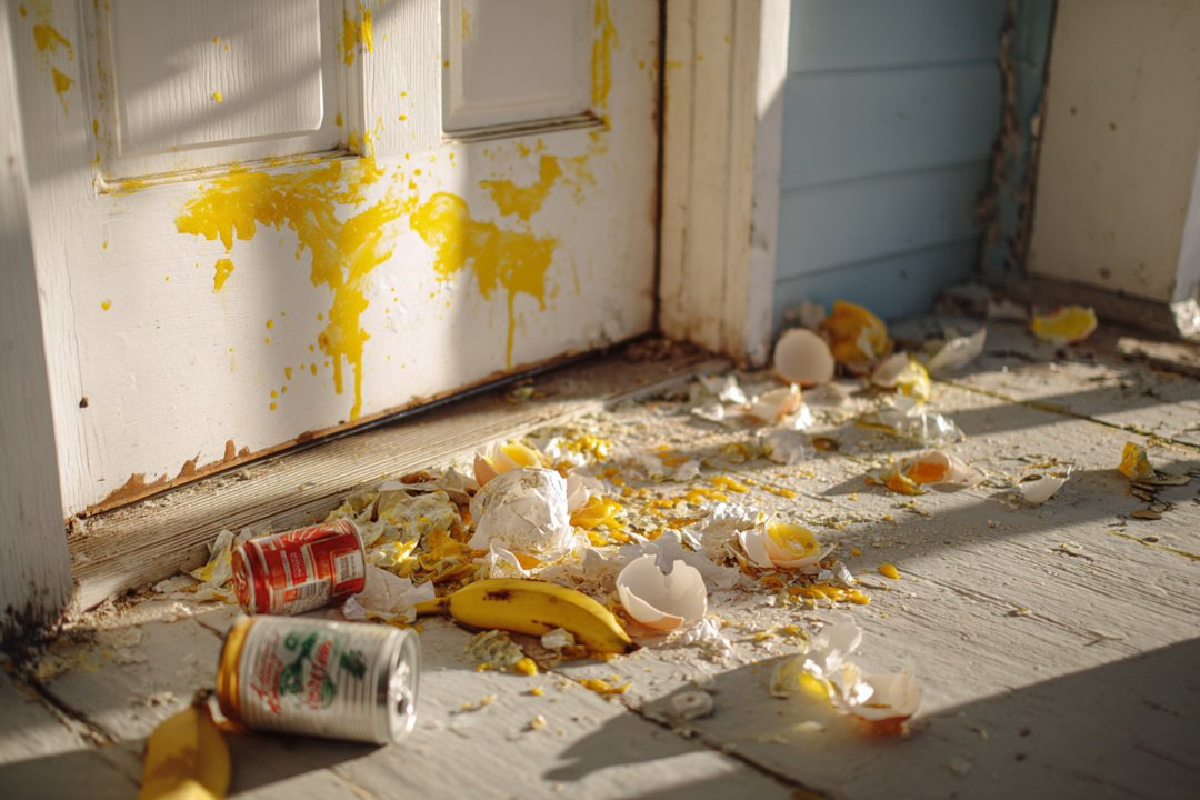 Eggshells and trash outside a door | Source: Midjourney
