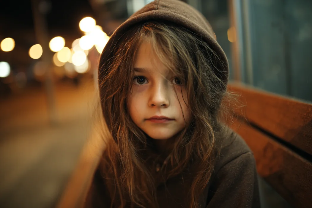 Close-up shot of a little girl sitting on a bench outside at night | Source: Midjourney