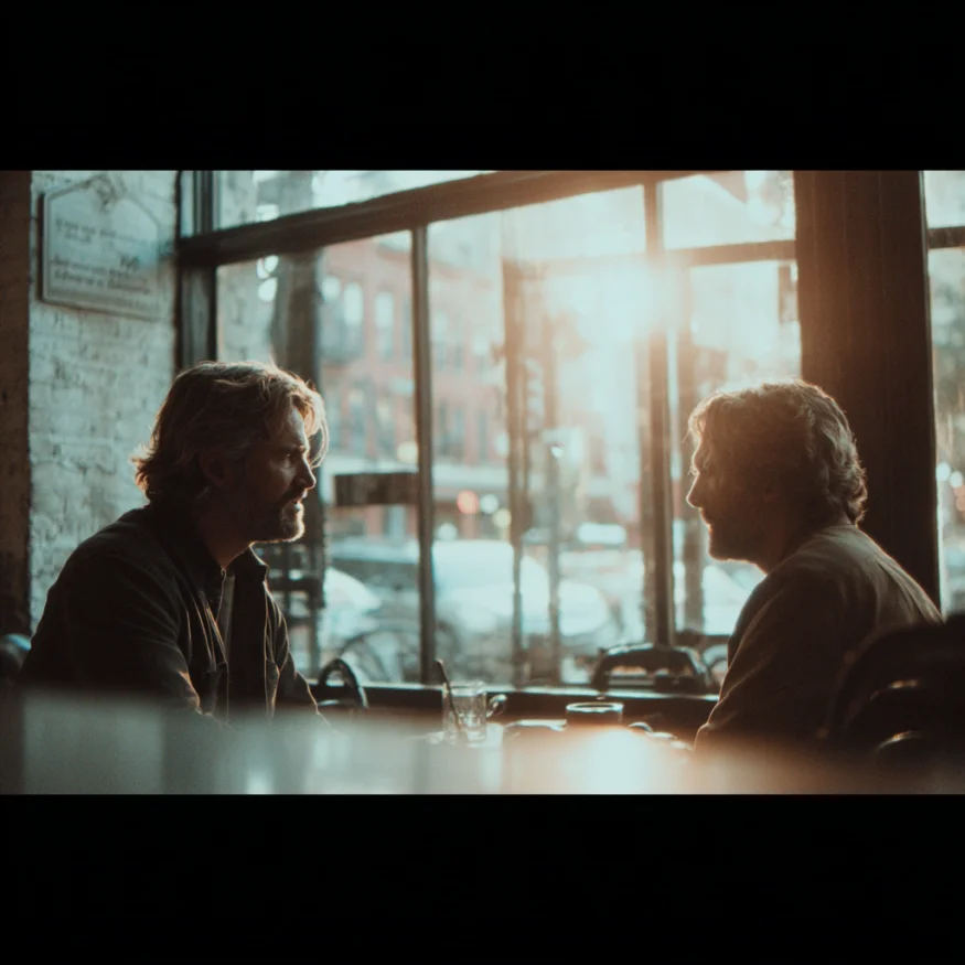 Two men talking in a cafe | Source: Midjourney
