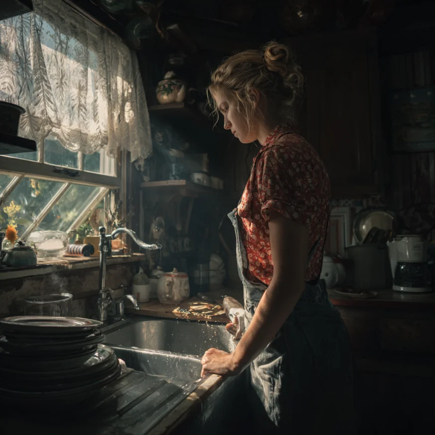 A woman standing in front of a kitchen sink | Source: Midjourney