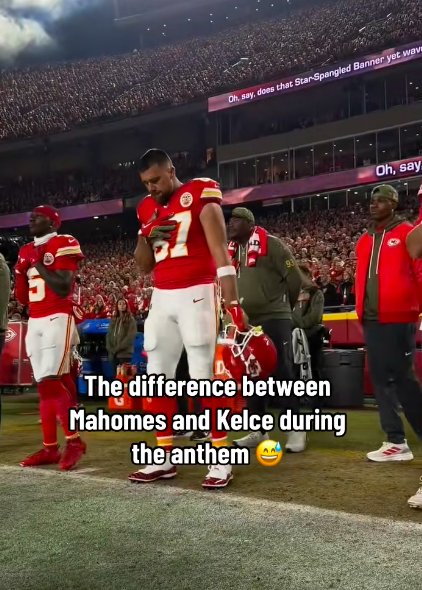 Travis Kelce standing amid fellow Kansas City Chiefs players during the national anthem. | Source: TikTok/@espn