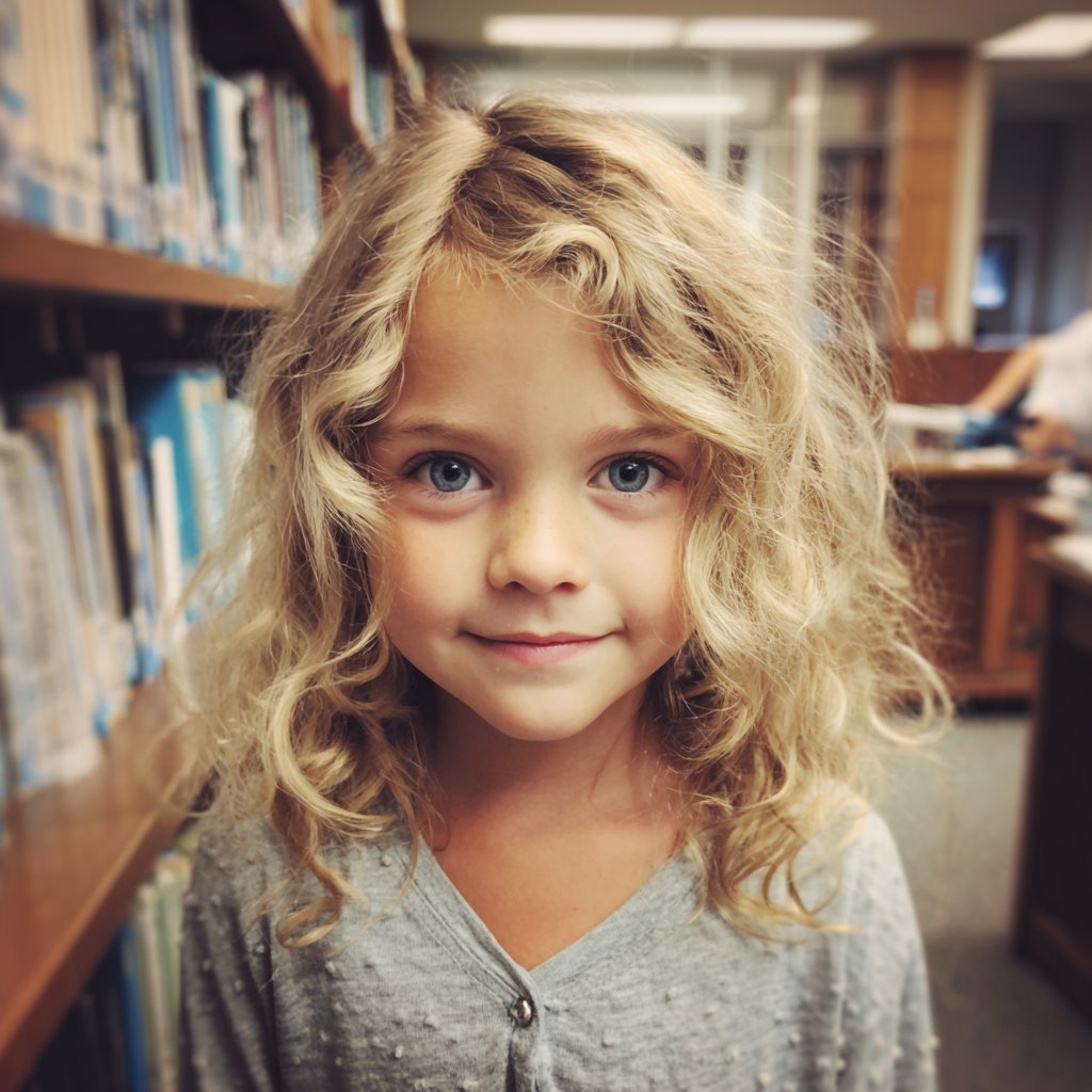 A smiling little girl at a library | Source: Midjourney