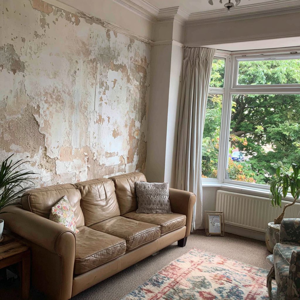 Ruined wallpaper in a living room | Source: Midjourney