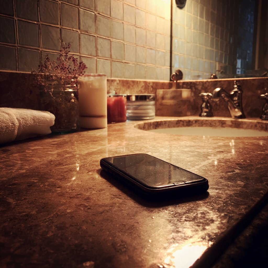 A cellphone on a bathroom counter | Source: Midjourney