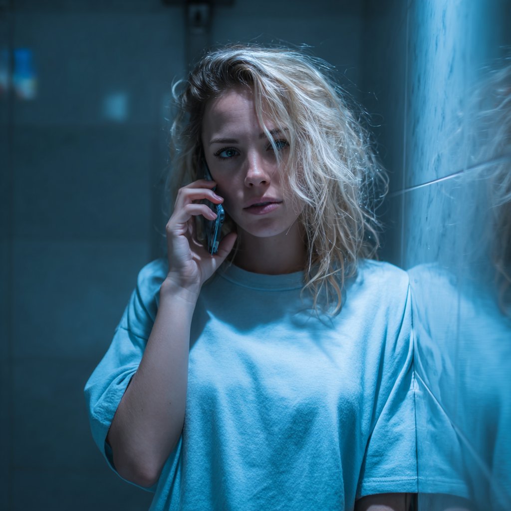 A woman standing in a bathroom and talking on a phone | Source: Midjourney