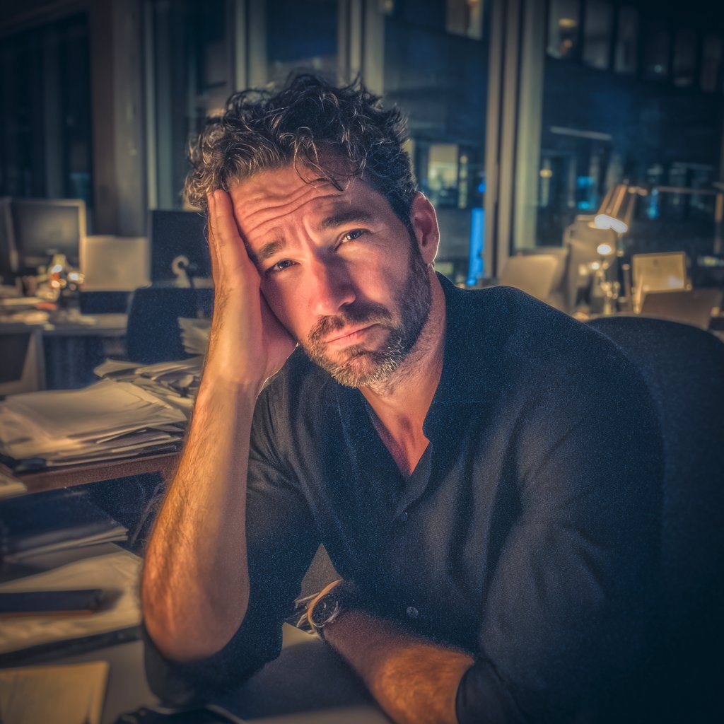 A frowning man sitting at his desk | Source: Midjourney