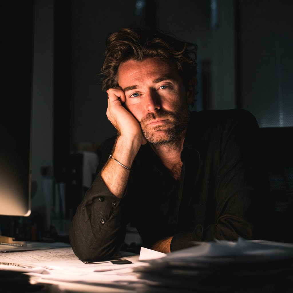 A frustrated man wearing a black formal shirt | Source: Midjourney