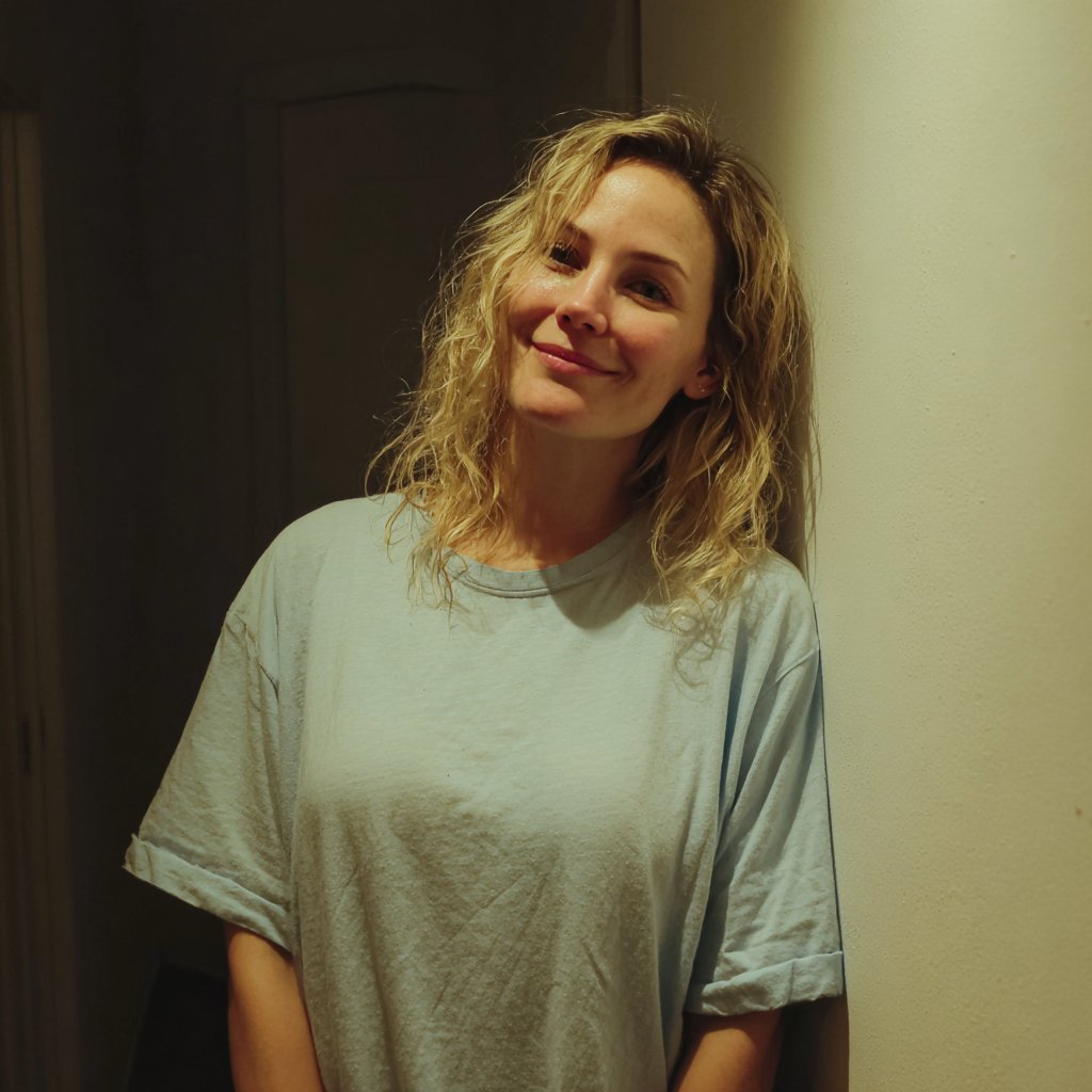 A smiling woman leaning against a wall | Source: Midjourney