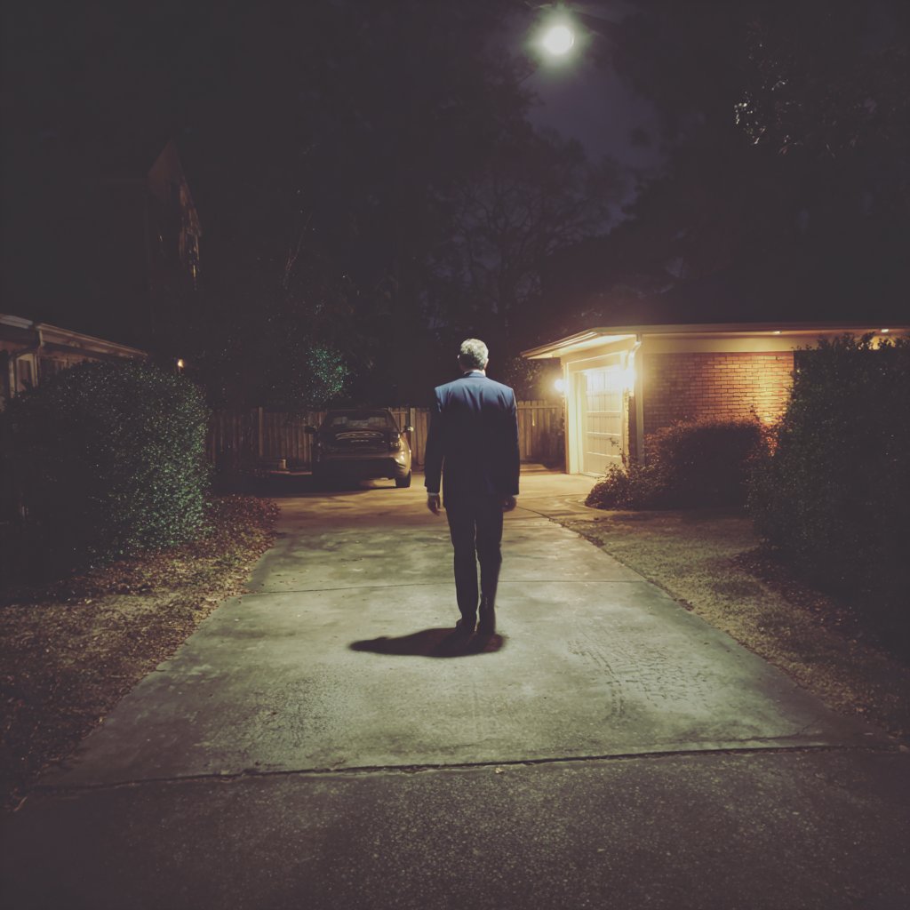 A man walking down a driveway | Source: Midjourney