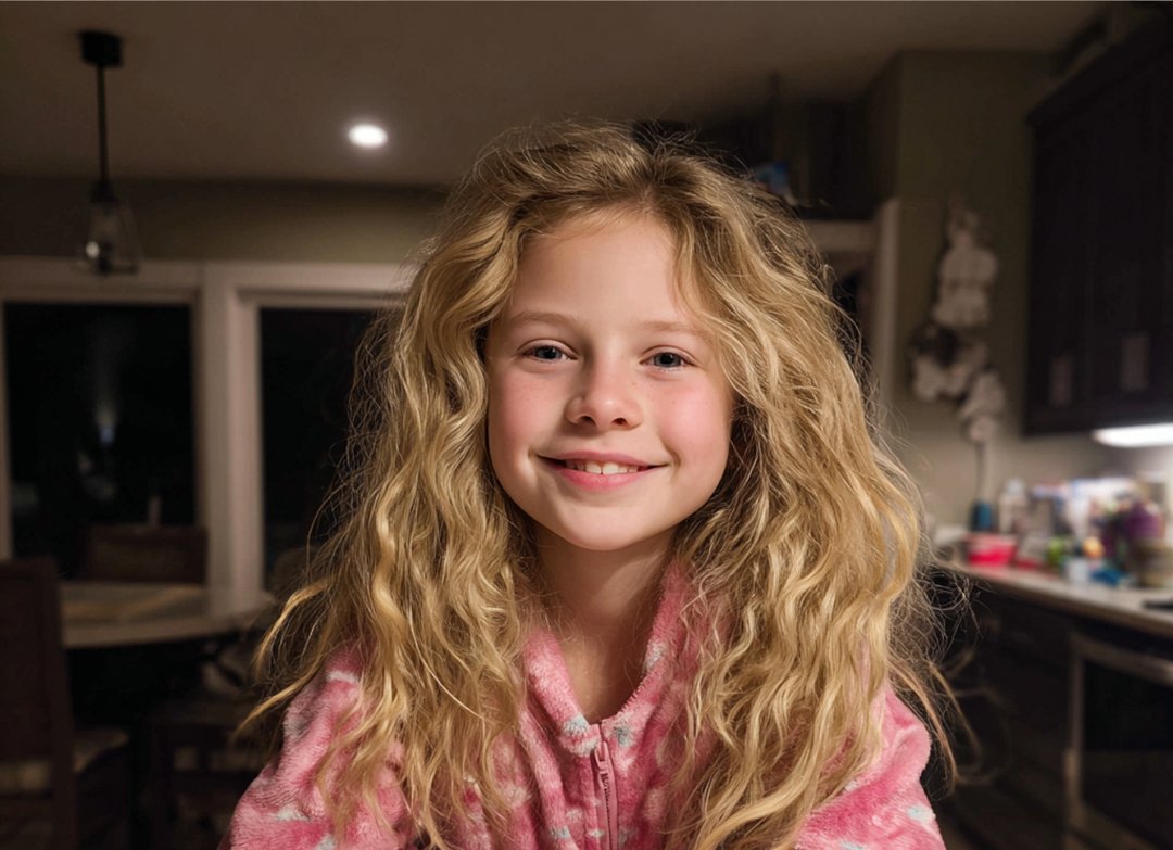 A smiling little girl leaning on a counter | Source: Midjourney