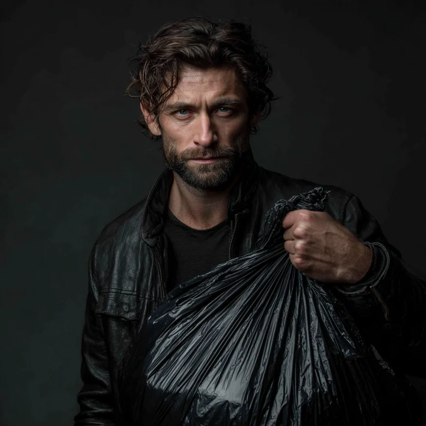 A man holding a black garbage bag | Source: Midjourney