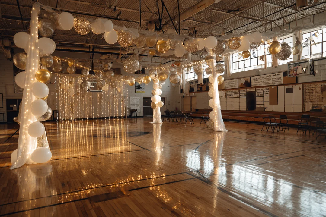 A school gym decorated for prom | Source: Midjourney