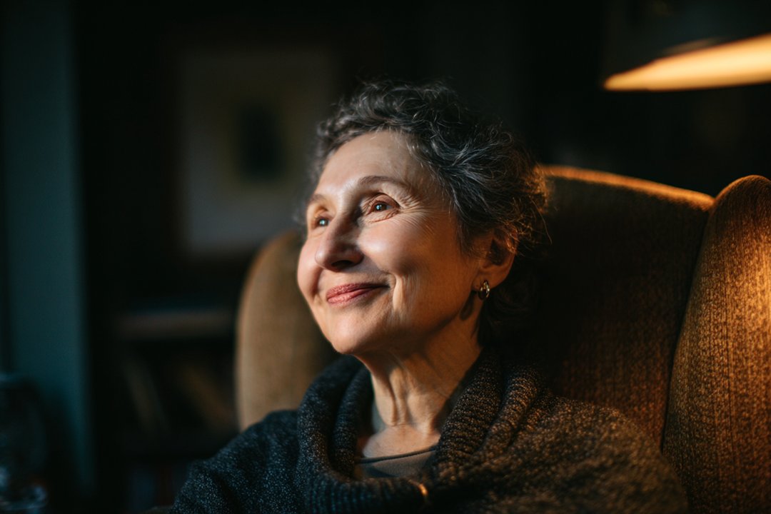 An older woman sitting on a couch | Source: Midjourney