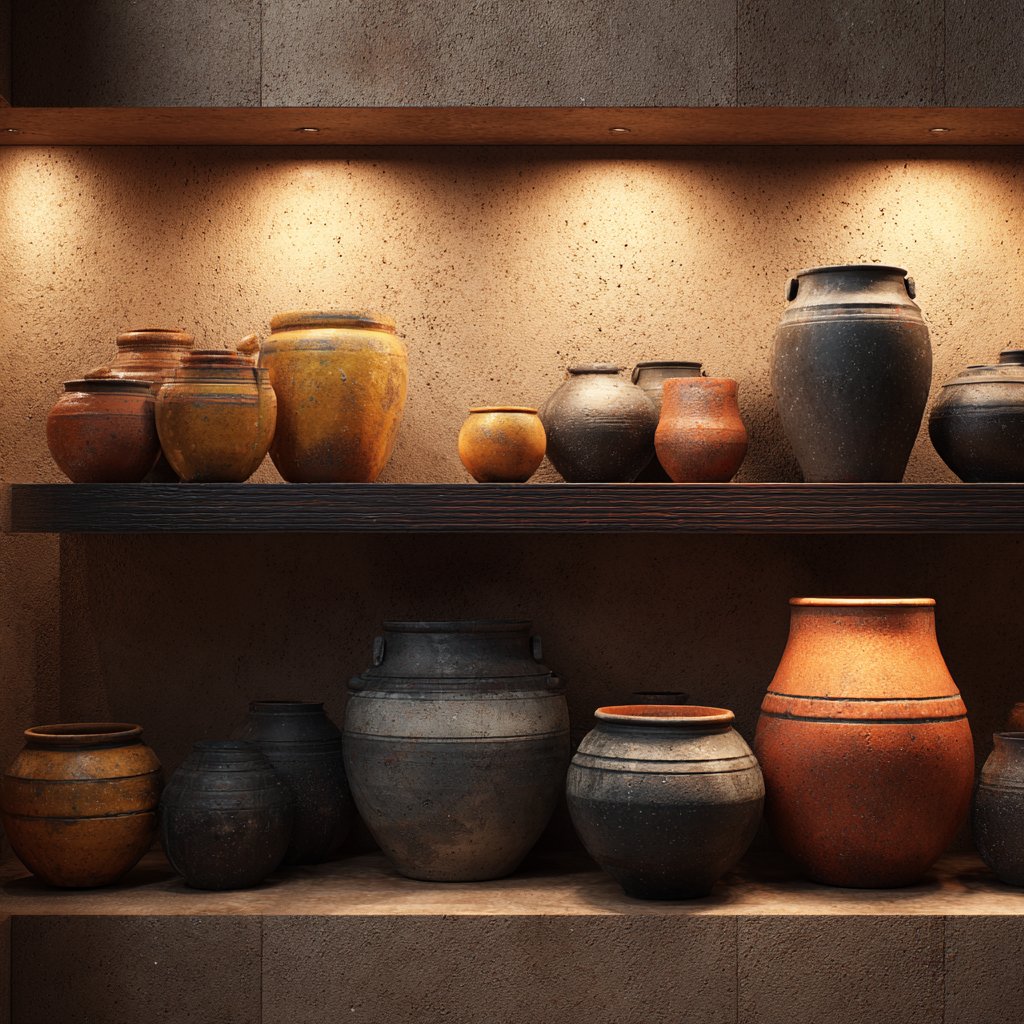 An assortment of clay pots on a shelf | Source: Midjourney