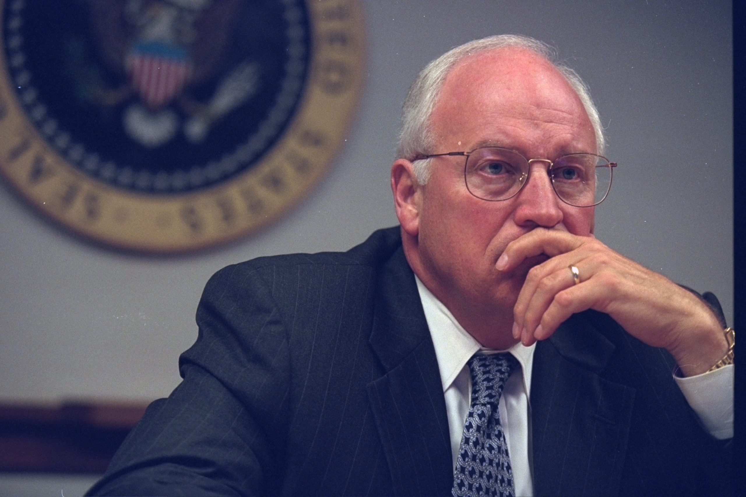 Vice President Dick Cheney meets with senior staff in the President's Emergency Operations Center (PEOC) after the terrorist attacks on September 11, 2001, in Washington, DC | Source: Getty Images