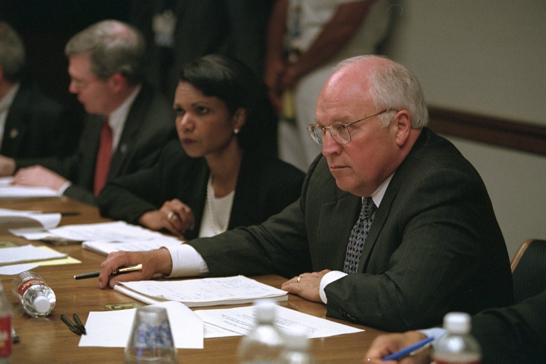 Vice President Dick Cheney and National Security Advisor Condoleezza Rice meet in the President's Emergency Operations Center (PEOC) after the terrorist attacks on September 11, 2001, in Washington, DC | Source: Getty Images
