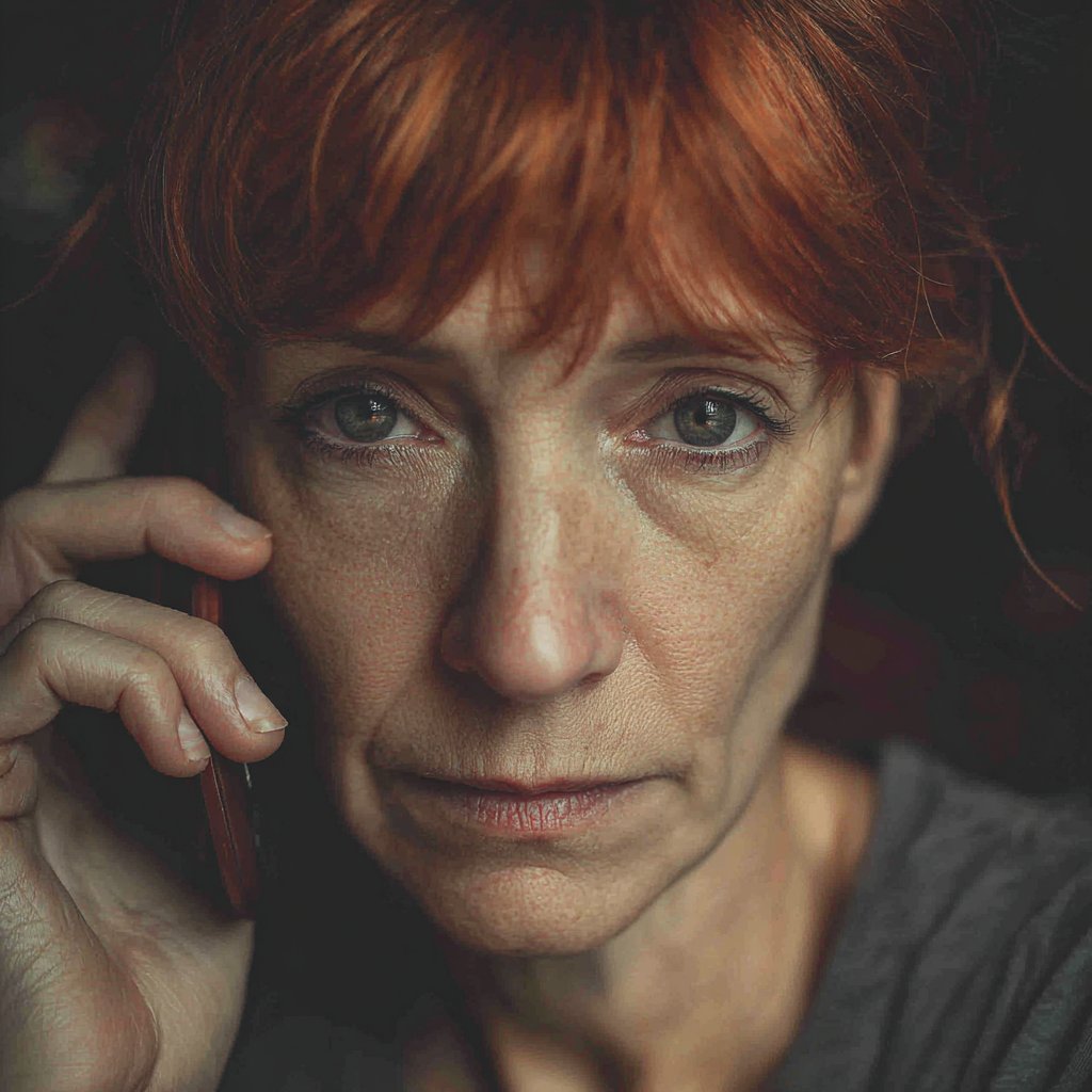 A close-up of a pensive woman talking on a phone | Source: Midjourney
