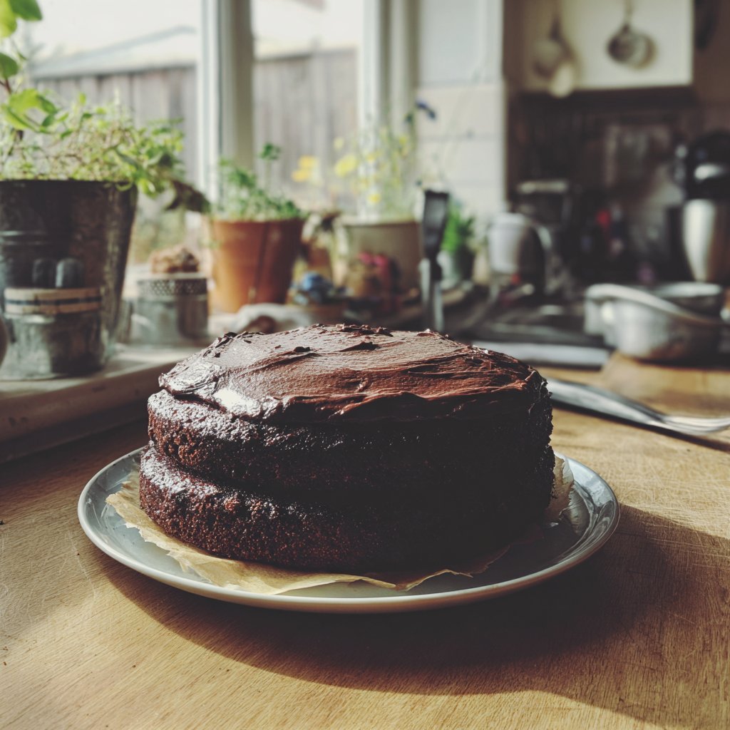 A chocolate cake on a kitchen counter | Source: Midjourney