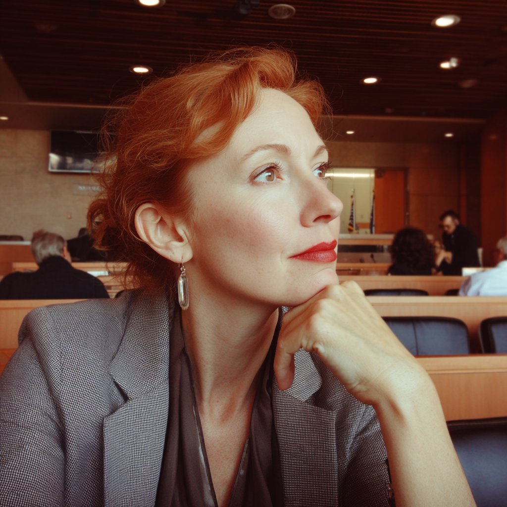 A smug woman wearing a gray pantsuit | Source: Midjourney