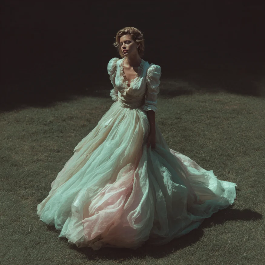 A woman in a pastel wedding dress | Source: Midjourney