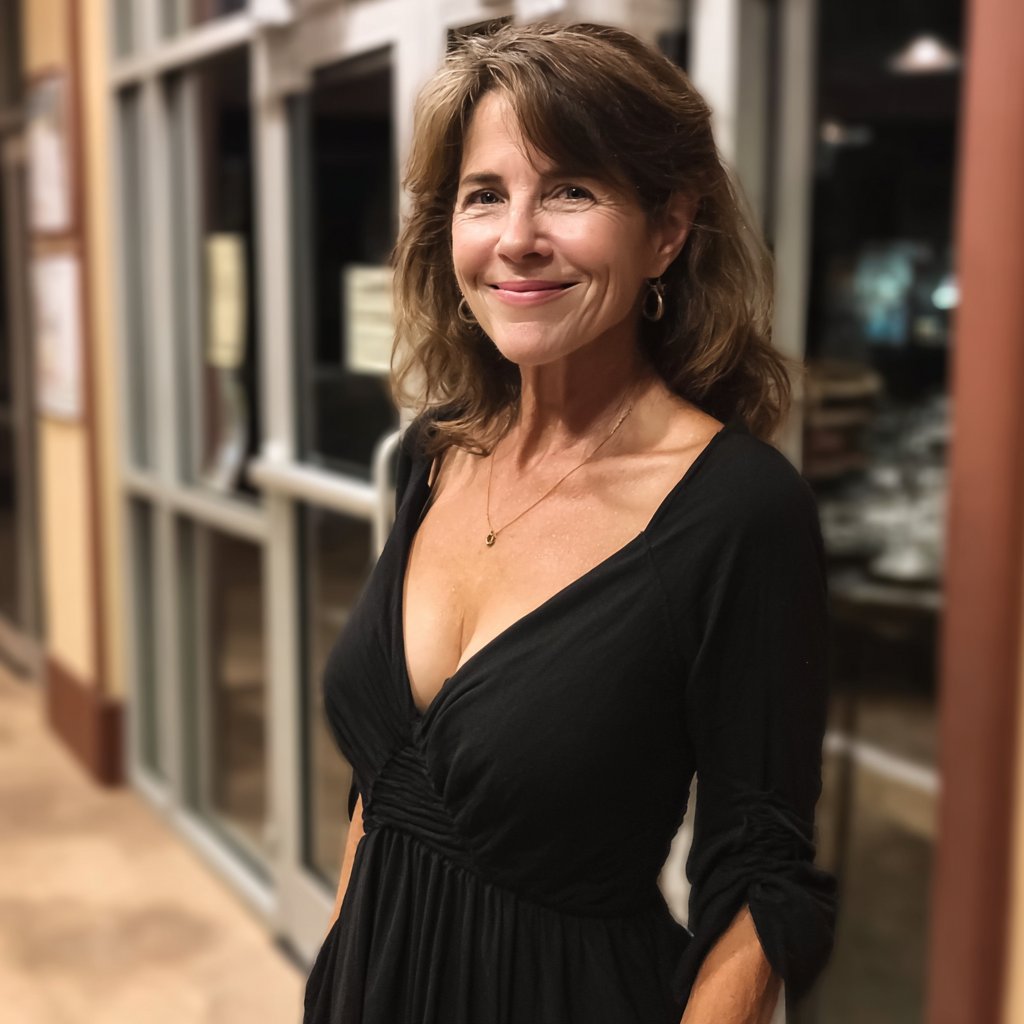 A smiling older woman wearing a black dress | Source: Midjourney