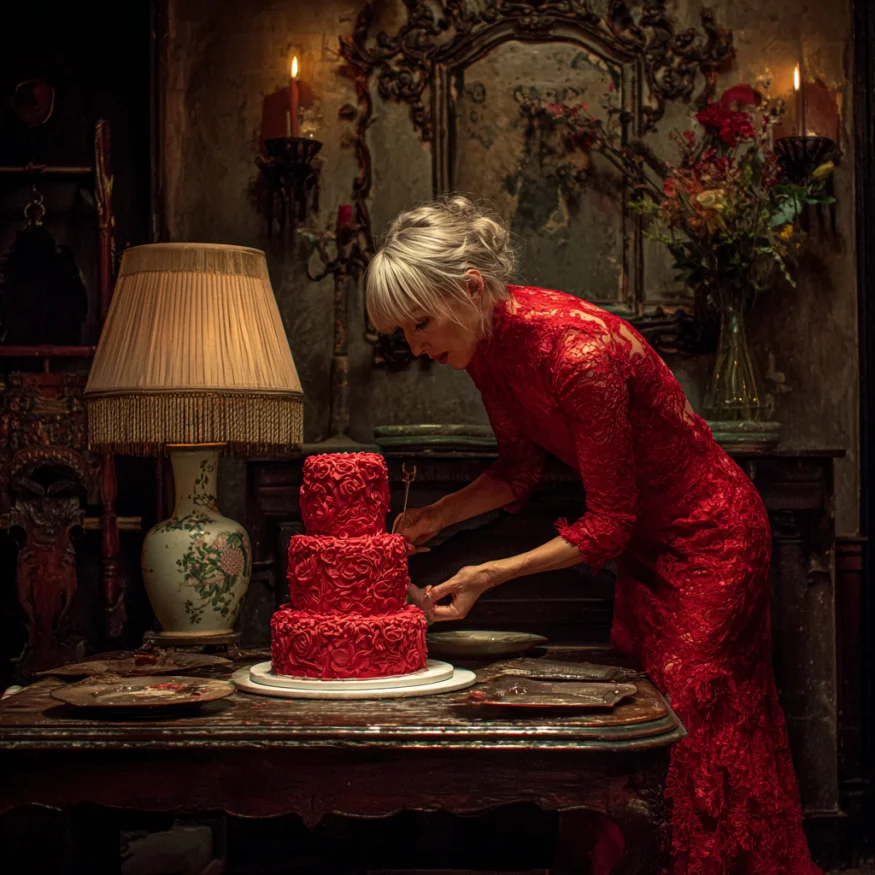 A woman standing in front of a cake | Source: Midjourney