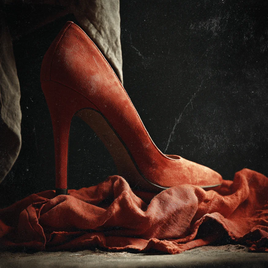 A high-heeled shoe stepping on a bit of fabric | Source: Midjourney
