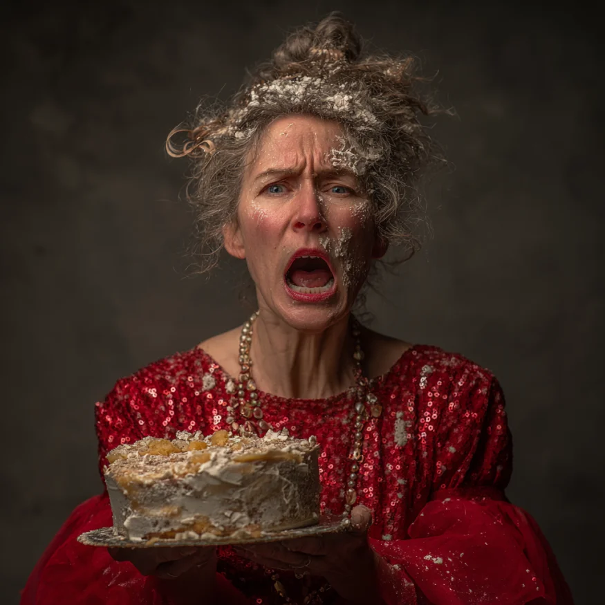 A woman with cake on her face | Source: Midjourney