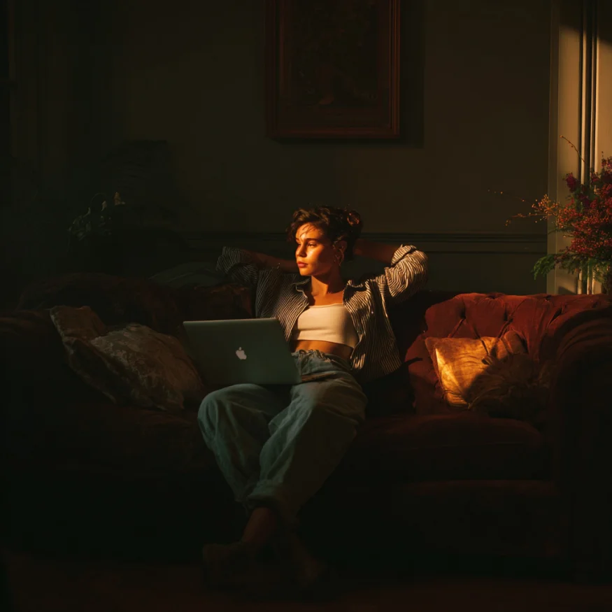 A woman on a couch with a laptop | Source: Midjourney