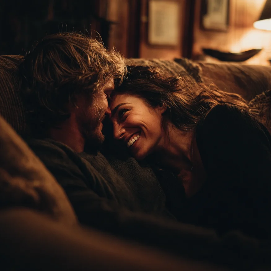 A couple laughing on a couch | Source: Midjourney