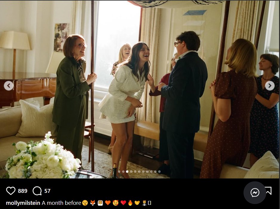 Molly Milstein and Sam Michael Fox laugh as Sam's mother and sisters hold up the Chuppah, dated November 5, 2025 | Source: Instagram/mollymilstein