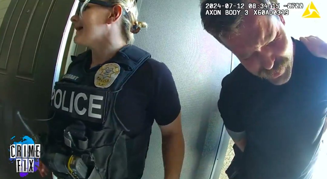 Christopher Scholtes breaking down as he is arrested by police officers at his home, posted on August 12, 2024. | Source: X/@LawCrimeNetwork