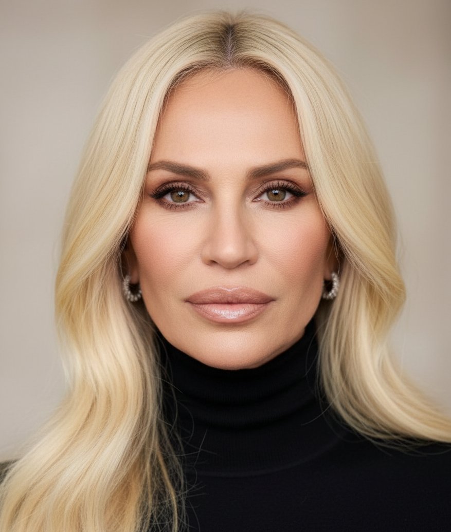 This image reimagines Donatella Versace, in her 30s-40s, with a naturally full, oval face, soft cheek contours, a delicately defined jawline, and full, balanced lips, as if she'd never gotten cosmetic work. | Source: Gemini