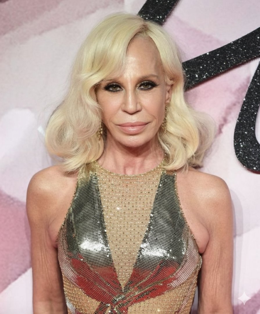 This image reimagines Donatella Versace, 61, at The Fashion Awards 2016 if she'd never had cosmetic work. She appears with noticeable fine lines around the mouth and eyes, a natural jawline contour, and less defined cheekbones. | Source: Gemini