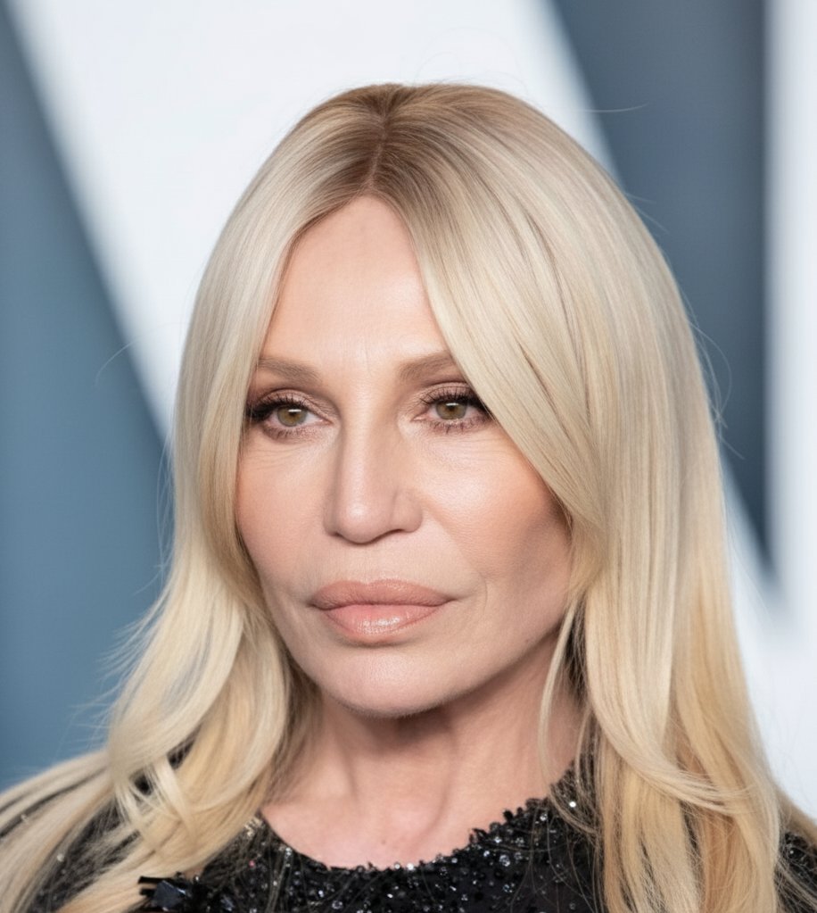 This image reimagines Donatella Versace, 67, at the Vanity Fair 2023 party if she'd never had cosmetic work. She appears with softer, less elevated cheekbones, natural lip volume, and subtle fine lines. | Source: Gemini