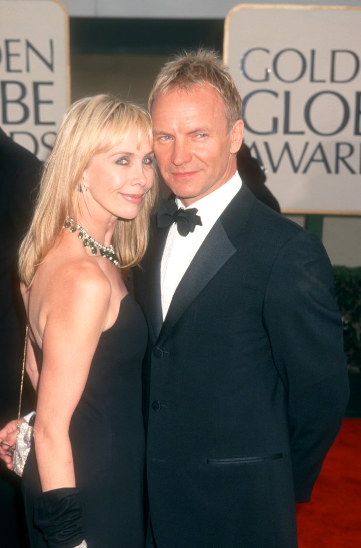 Trudie Styler, at 46, was captured with a smooth, radiant complexion, a softly curved smile, and long, straight blonde hair with full bangs, while attending the 58th Annual Golden Globe Awards with Sting on January 21, 2001, at the Beverly Hilton Hotel in Beverly Hills, California.