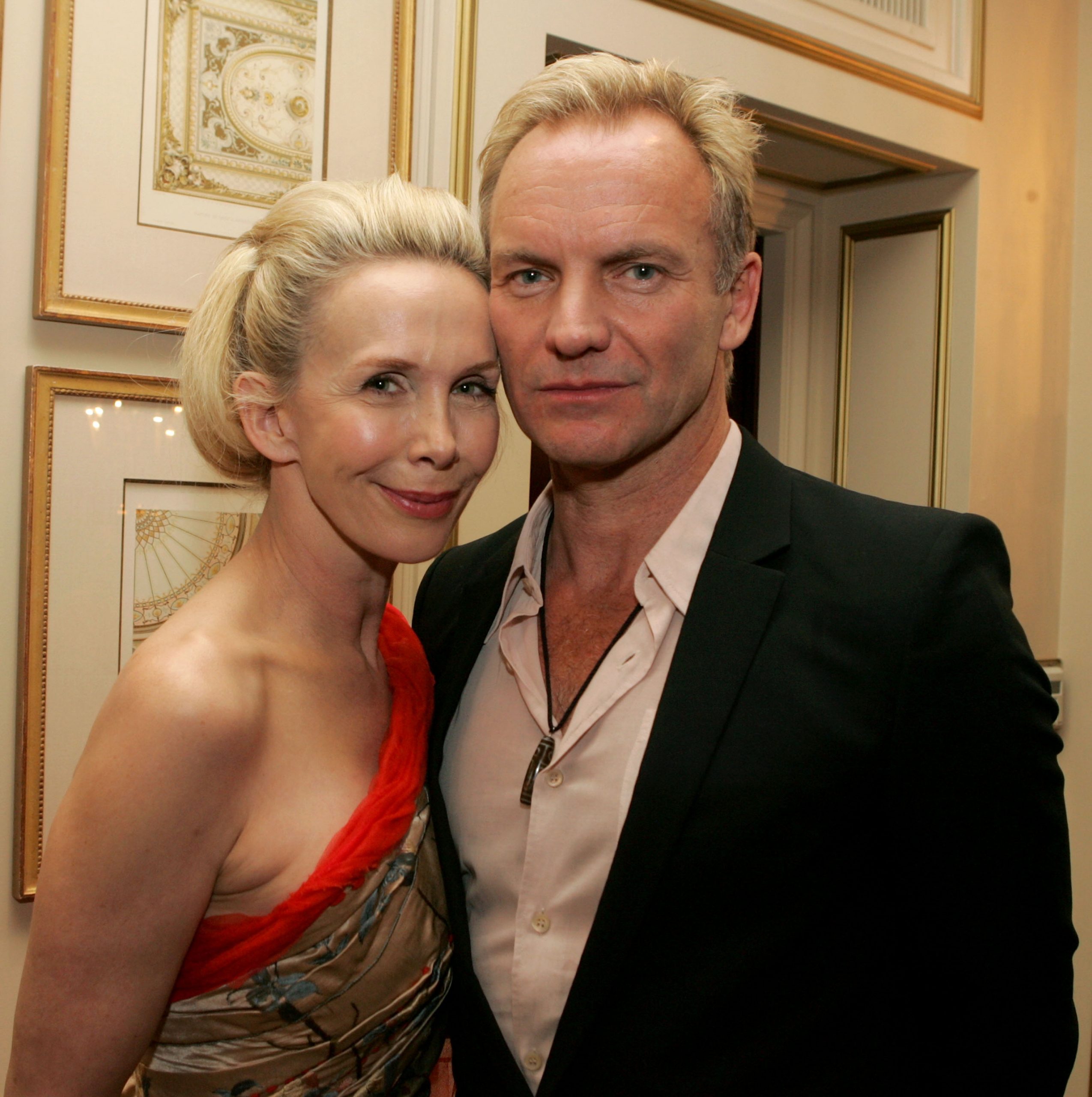 Trudie Styler, at 51, was captured with an evenly toned complexion, featuring delicate cheekbone structure, a faint, knowing half-smile, and her blonde hair styled back into an elegant up-do, while arriving at the first annual UNICEF Snowflake Ball with Sting on November 30, 2005, at the Regent Beverly Wilshire Hotel in Beverly Hills, California.