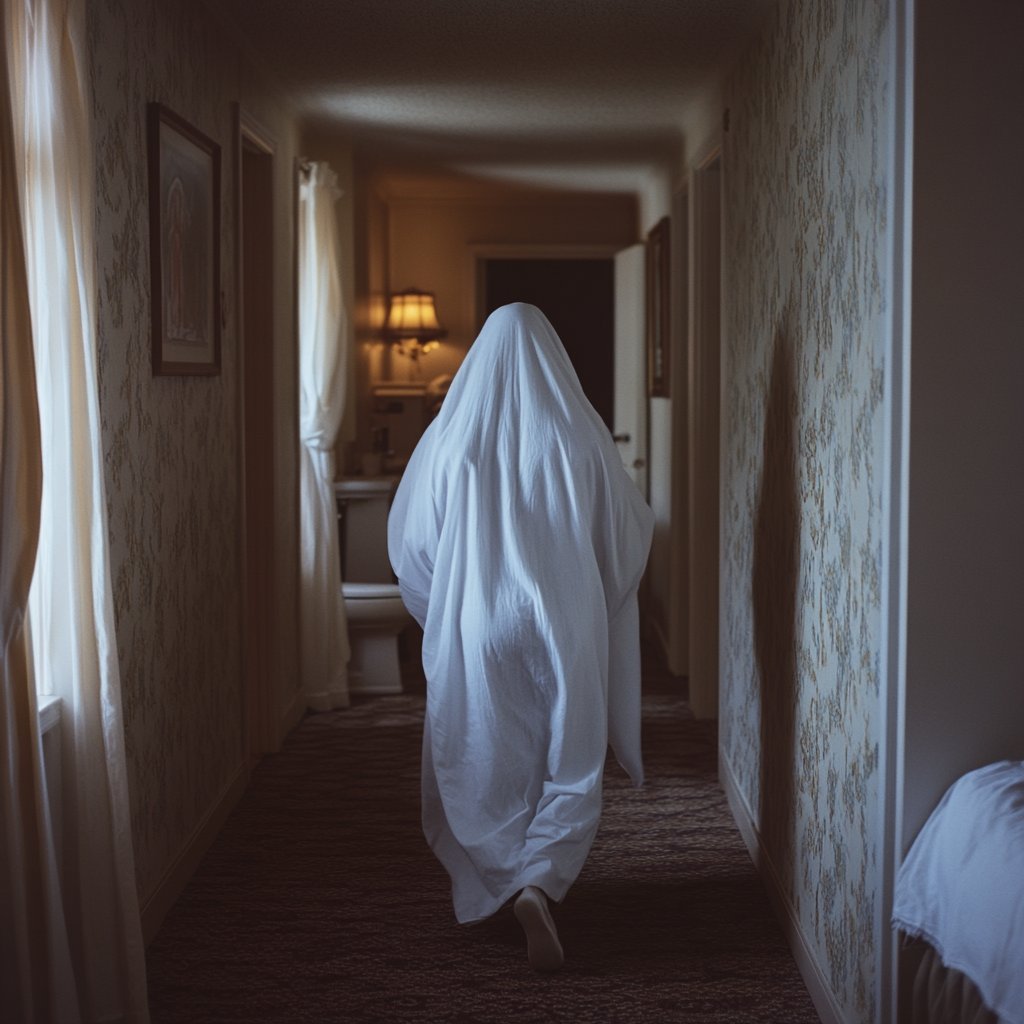 A woman covered in a sheet and running away | Source: Midjourney